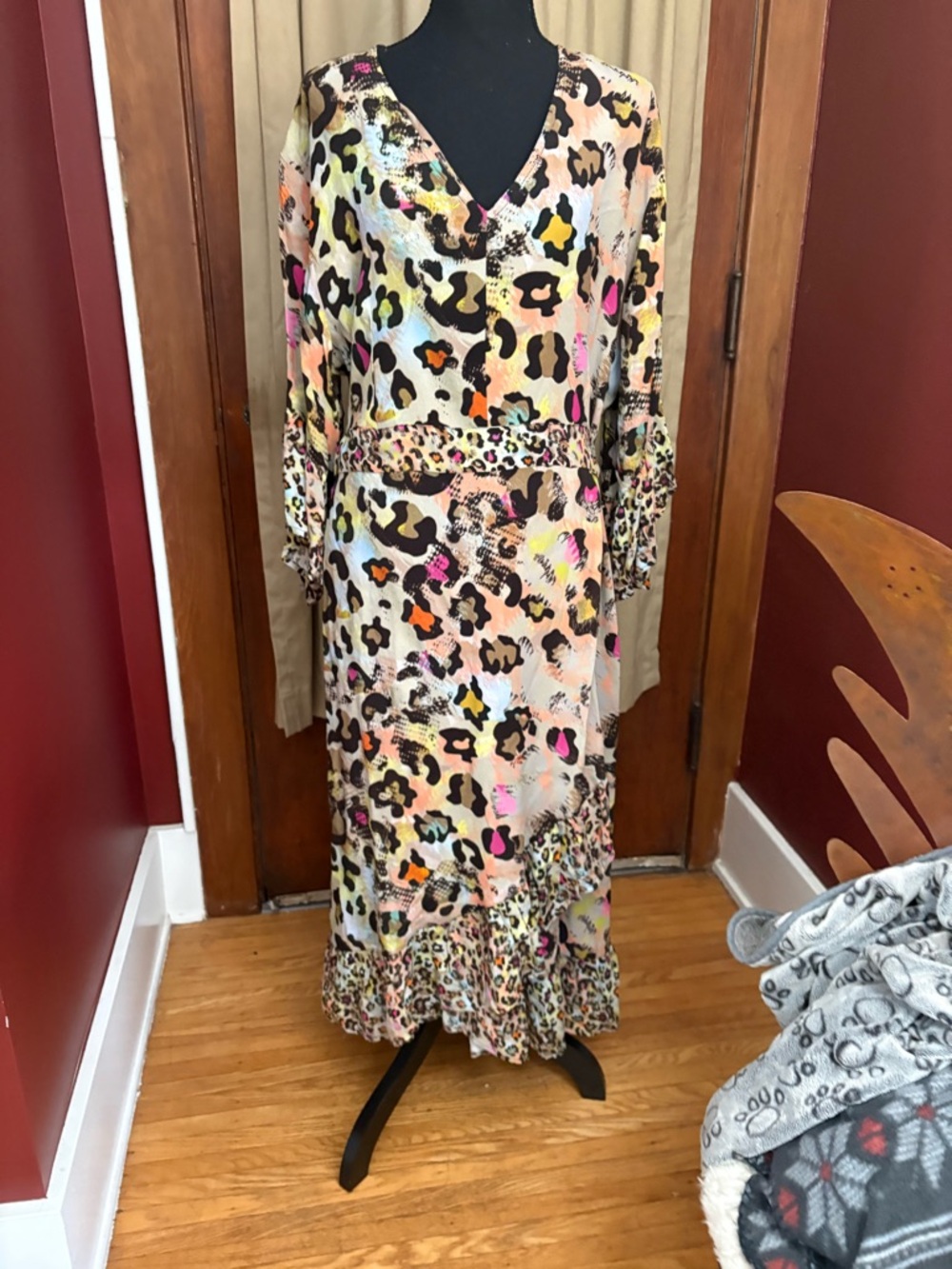 Multicolor Leopard-Print V-Neck Maxi Dress